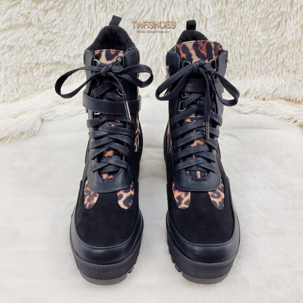 Chase Lug Sole Combat Ankle Boot Black Leopard - Picture 7 of 10